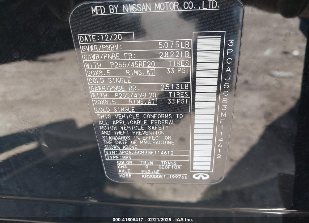 2021 INFINITI QX50 SENSORY AWD VIN: 3PCAJ5CB3MF114612