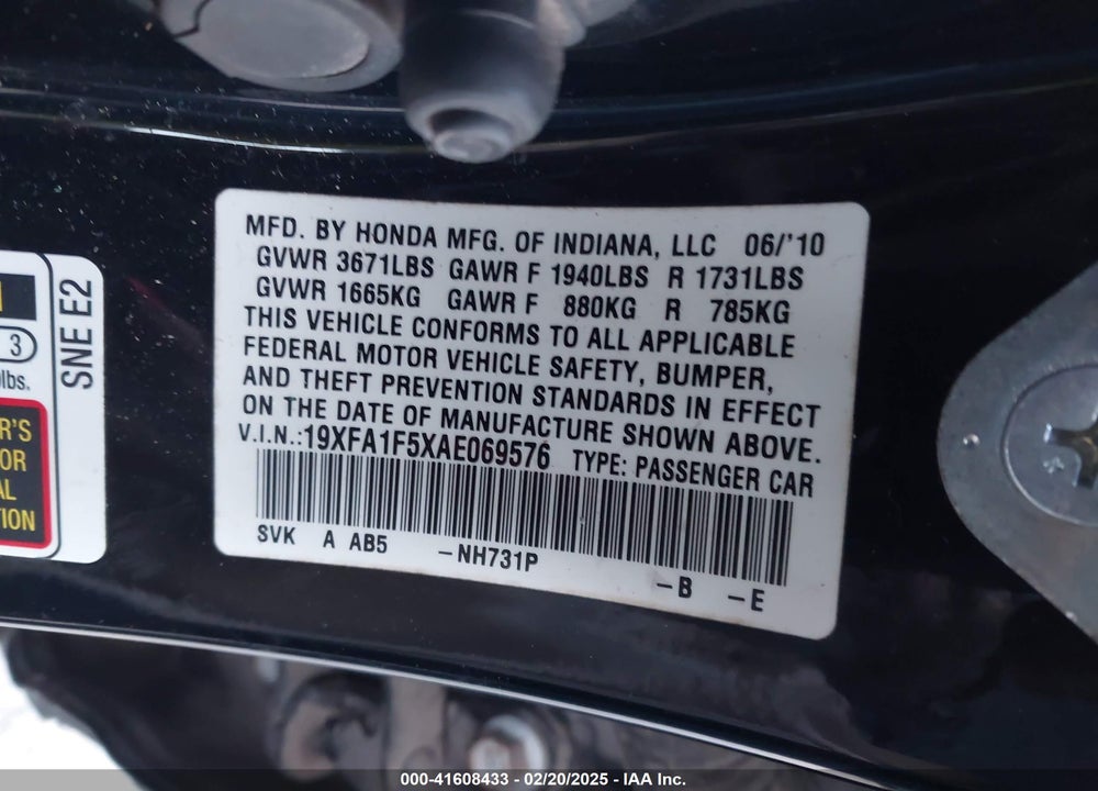 2010 HONDA CIVIC VIN: 19XFA1F5XAE069576