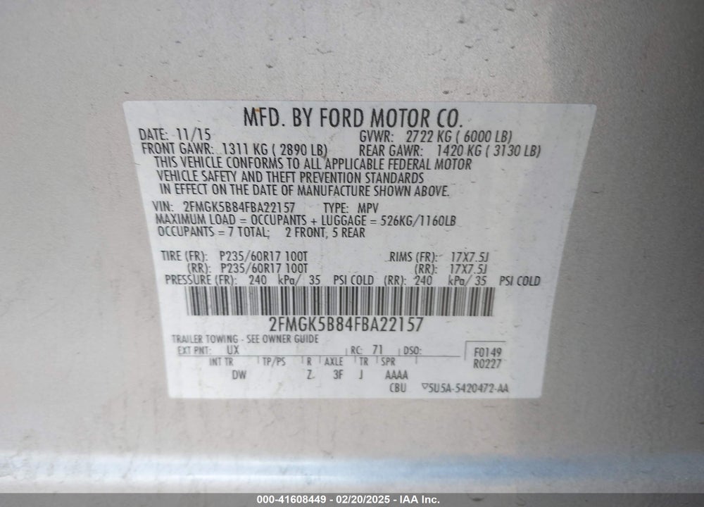 2015 FORD FLEX SE VIN: 2FMGK5B84FBA22157