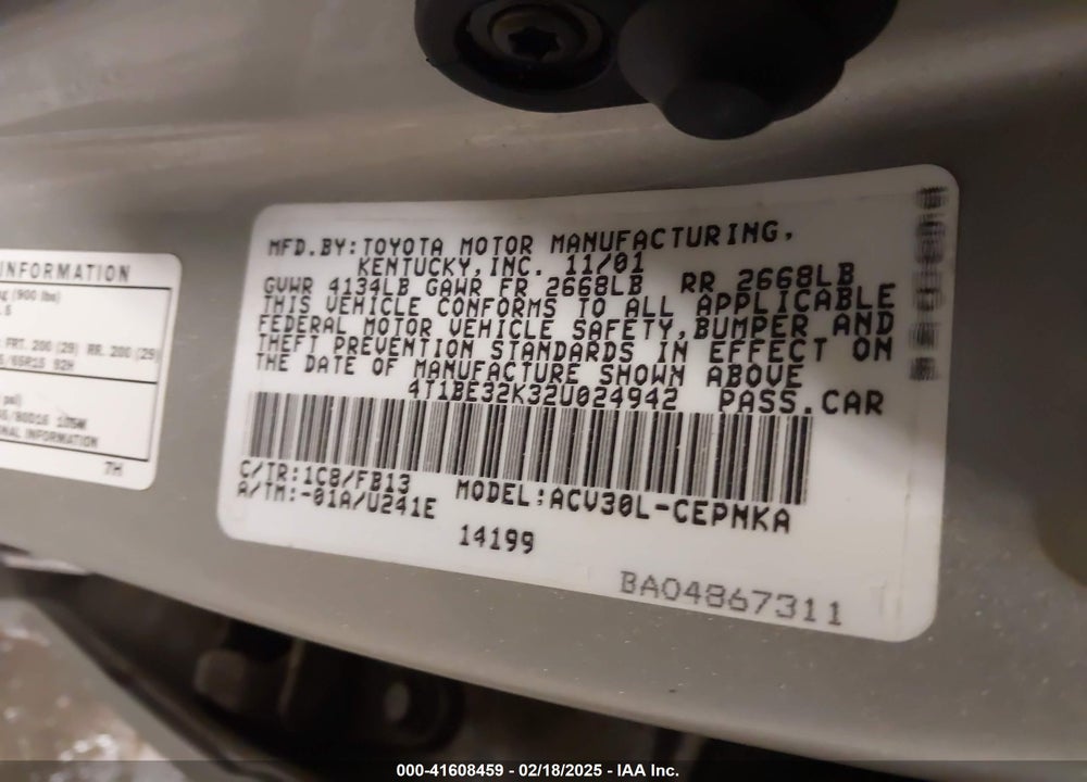2002 TOYOTA CAMRY LE VIN: 4T1BE32K32U024942