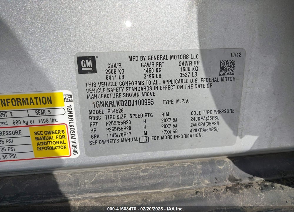 2013 CHEVROLET TRAVERSE LTZ VIN: 1GNKRLKD2DJ100995