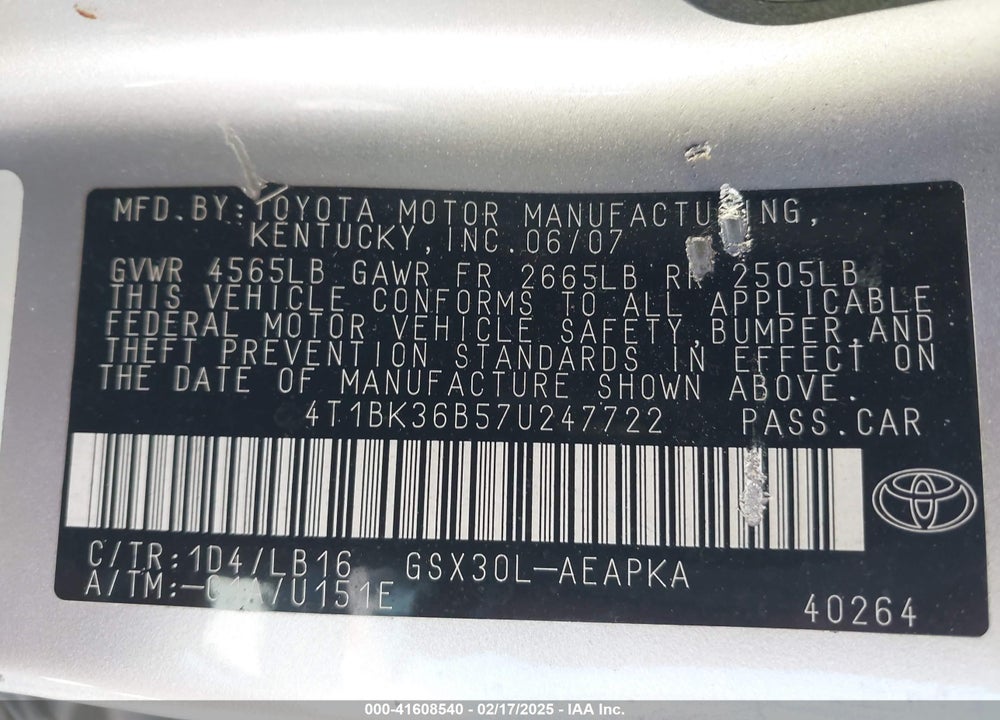 2007 TOYOTA AVALON LIMITED VIN: 4T1BK36B57U247722