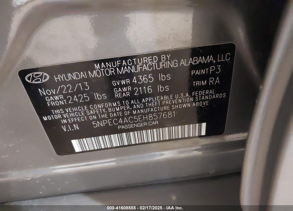 2014 HYUNDAI SONATA LIMITED VIN: 5NPEC4AC5EH857681