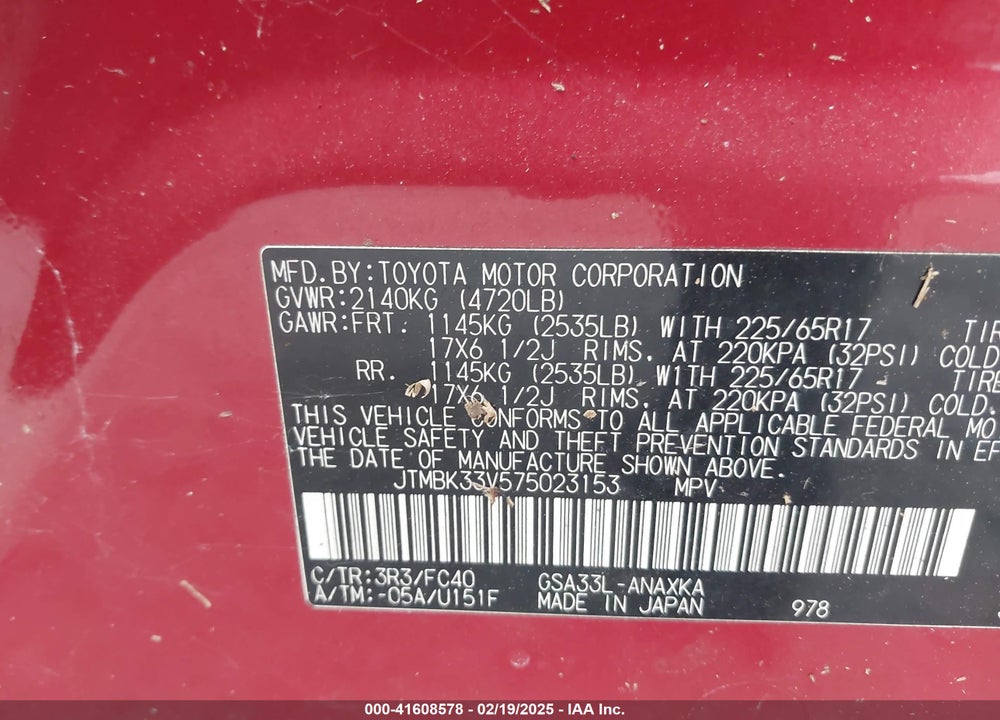 2007 TOYOTA RAV4 BASE V6 VIN: JTMBK33V575023153