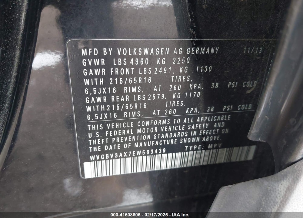 2014 VOLKSWAGEN TIGUAN S VIN: WVGBV3AX7EW563439