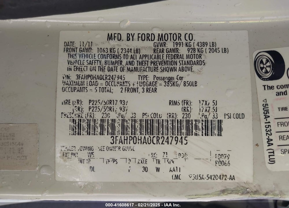 2012 FORD FUSION SE VIN: 3FAHP0HA0CR247945