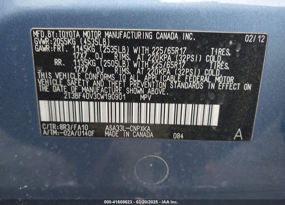 2012 TOYOTA RAV4 VIN: 2T3BF4DV3CW190901