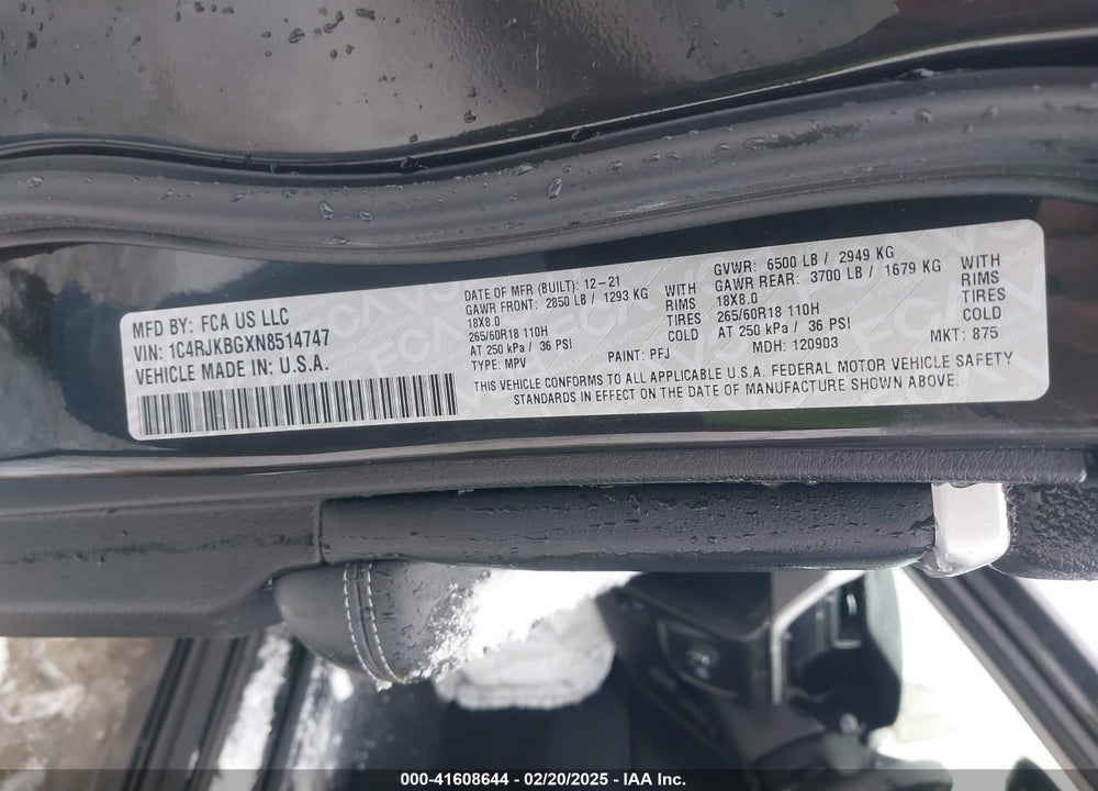 2022 JEEP GRAND CHEROKEE L VIN: 1C4RJKBGXN8514747