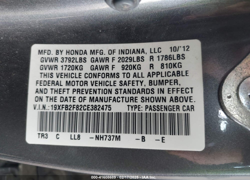 2012 HONDA CIVIC VIN: 19XFB2F82CE382475