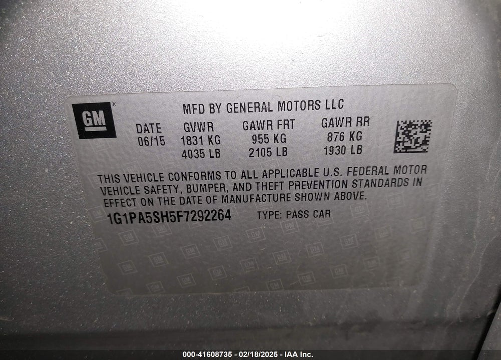 2015 CHEVROLET CRUZE VIN: 1G1PA5SH5F7292264