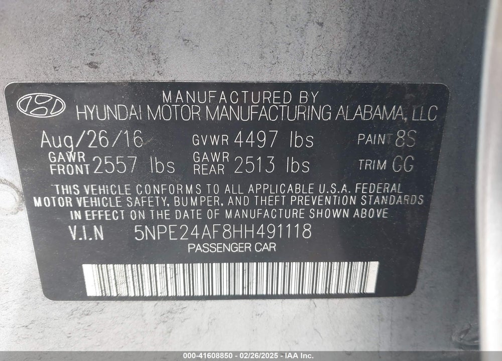 2017 HYUNDAI SONATA VIN: 5NPE24AF8HH491118
