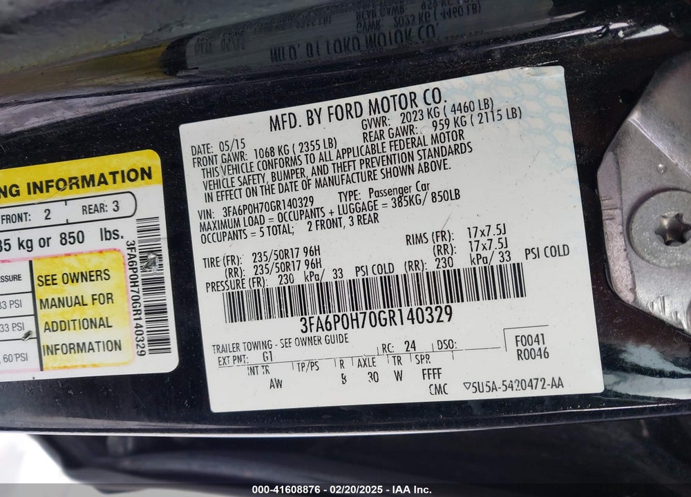 2016 FORD FUSION VIN: 3FA6P0H70GR140329