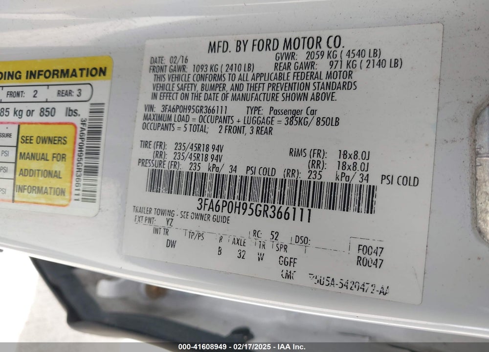2016 FORD FUSION VIN: 3FA6P0H95GR366111