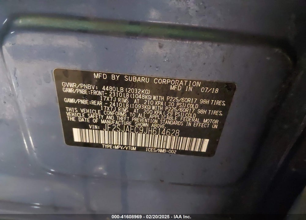 2018 SUBARU FORESTER VIN: JF2SJAEC9JH614628