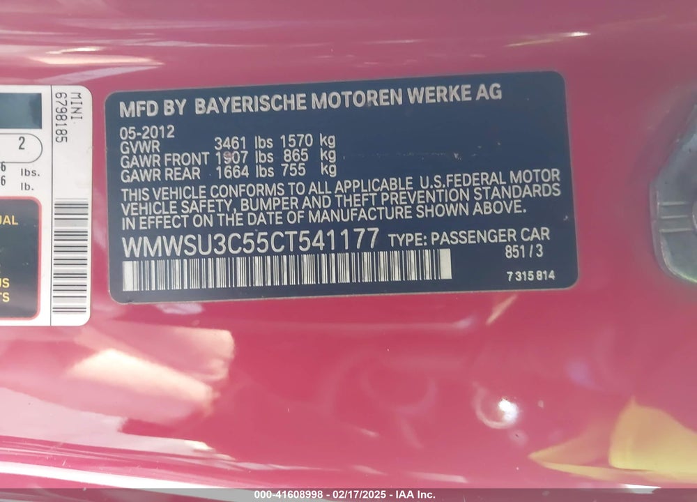 2012 MINI COOPER VIN: WMWSU3C55CT541177