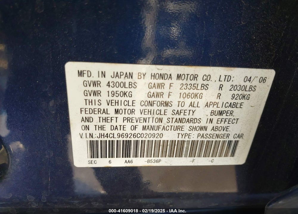 2006 ACURA TSX VIN: JH4CL96926C020920