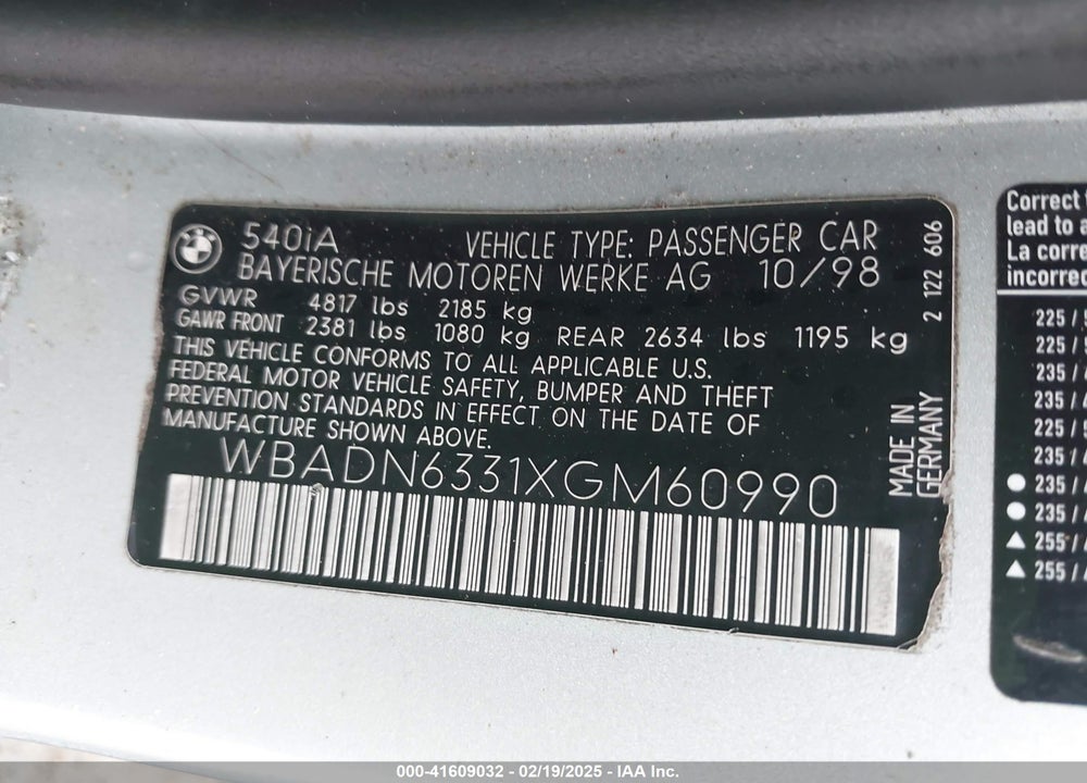 1999 BMW 540IA VIN: WBADN6331XGM60990