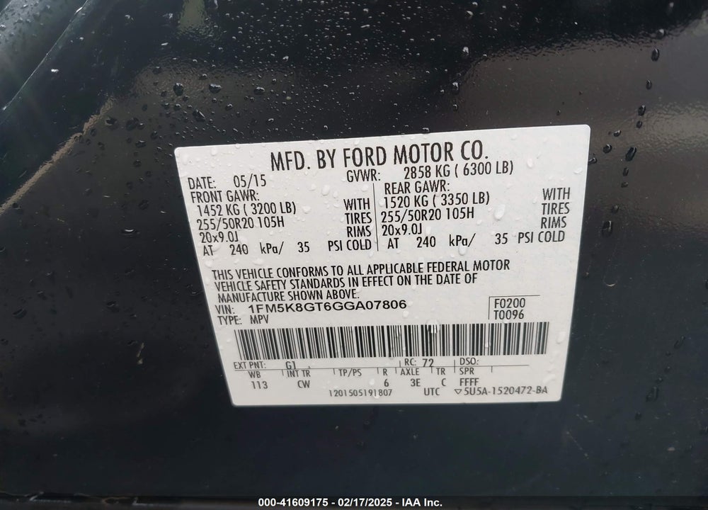 2016 FORD EXPLORER SPORT VIN: 1FM5K8GT6GGA07806