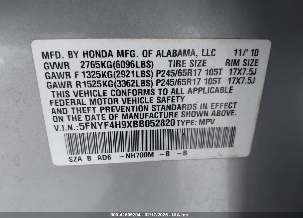 2011 HONDA PILOT TOURING VIN: 5FNYF4H9XBB052820