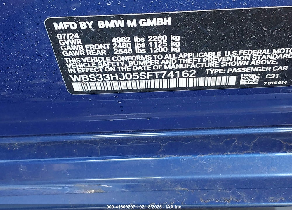 2025 BMW M3 VIN: WBS33HJ05SFT74162
