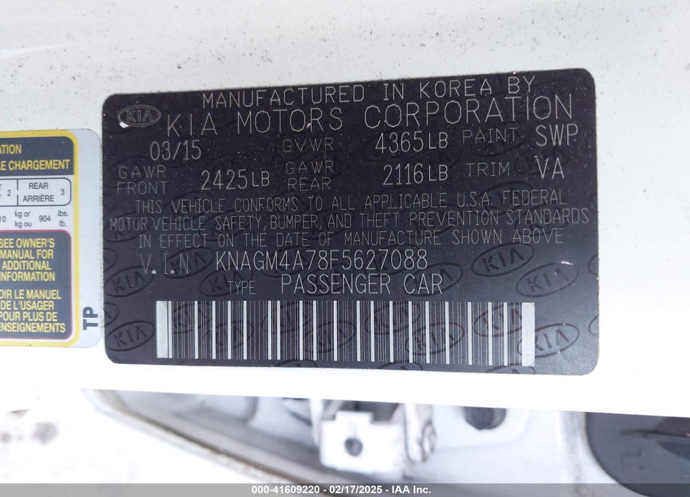 2015 KIA OPTIMA VIN: KNAGM4A78F5627088