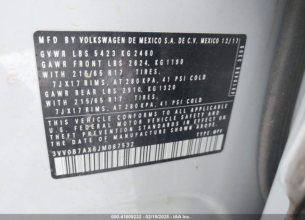 2018 VOLKSWAGEN TIGUAN 2.0T S VIN: 3VV0B7AX6JM087532