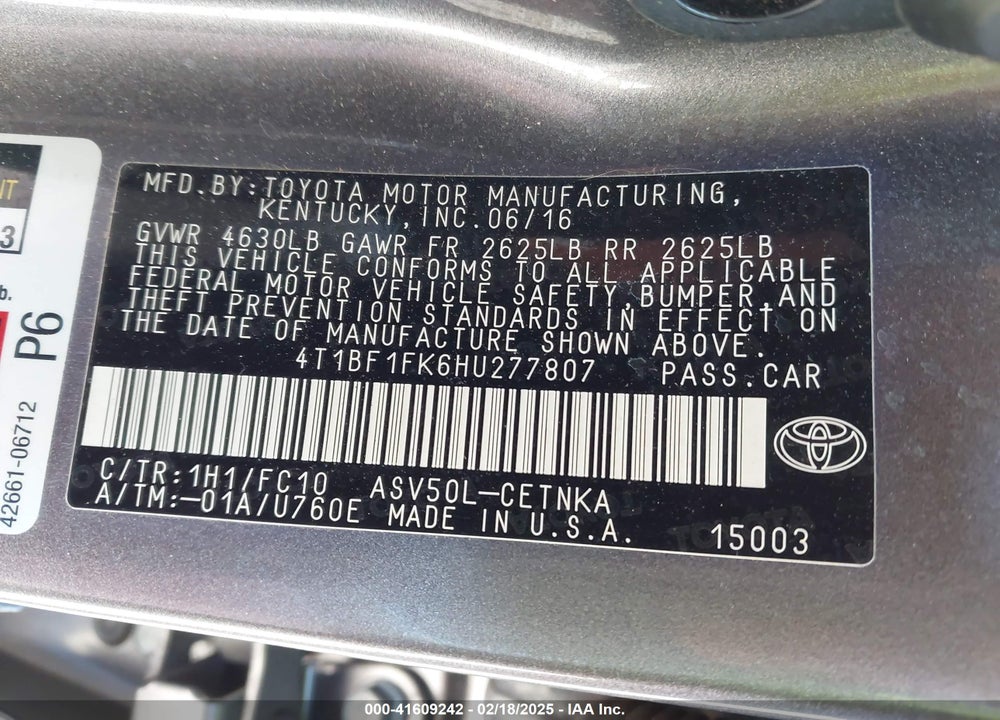 2017 TOYOTA CAMRY VIN: 4T1BF1FK6HU277807