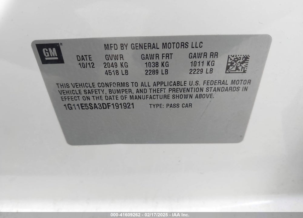 2013 CHEVROLET MALIBU VIN: 1G11E5SA3DF191921