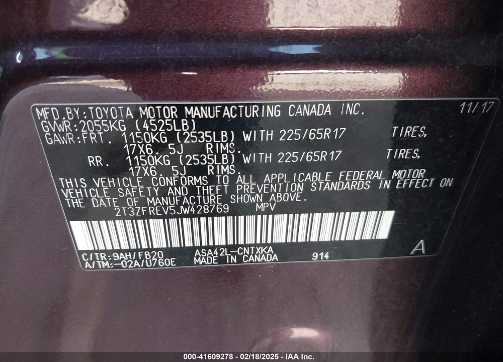 2018 TOYOTA RAV4 LE VIN: 2T3ZFREV5JW428769