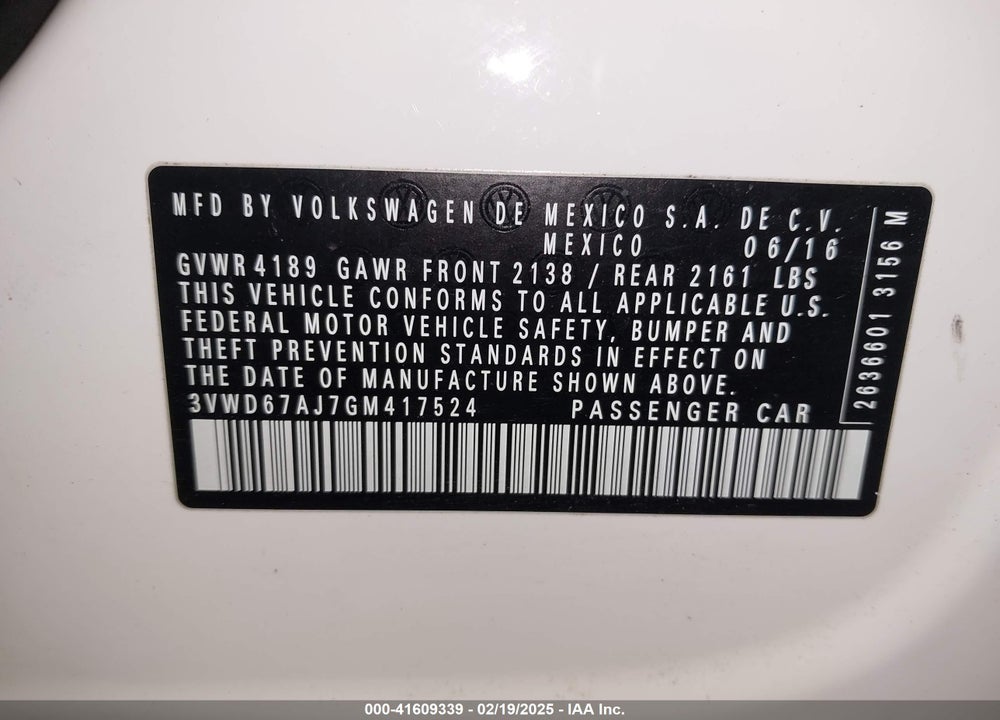 2016 VOLKSWAGEN JETTA VIN: 3VWD67AJ7GM417524