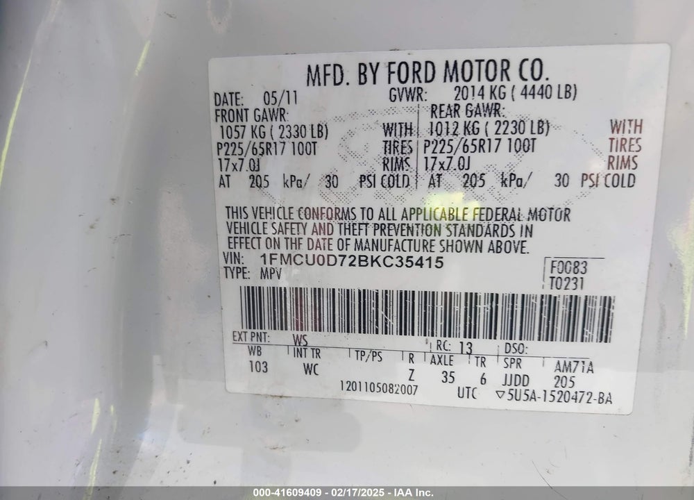 2011 FORD ESCAPE XLT VIN: 1FMCU0D72BKC35415