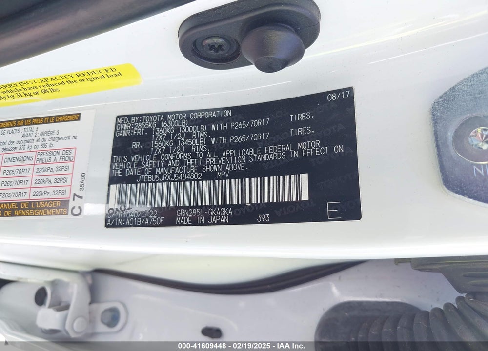 2018 TOYOTA 4RUNNER VIN: JTEBU5JRXJ5484802