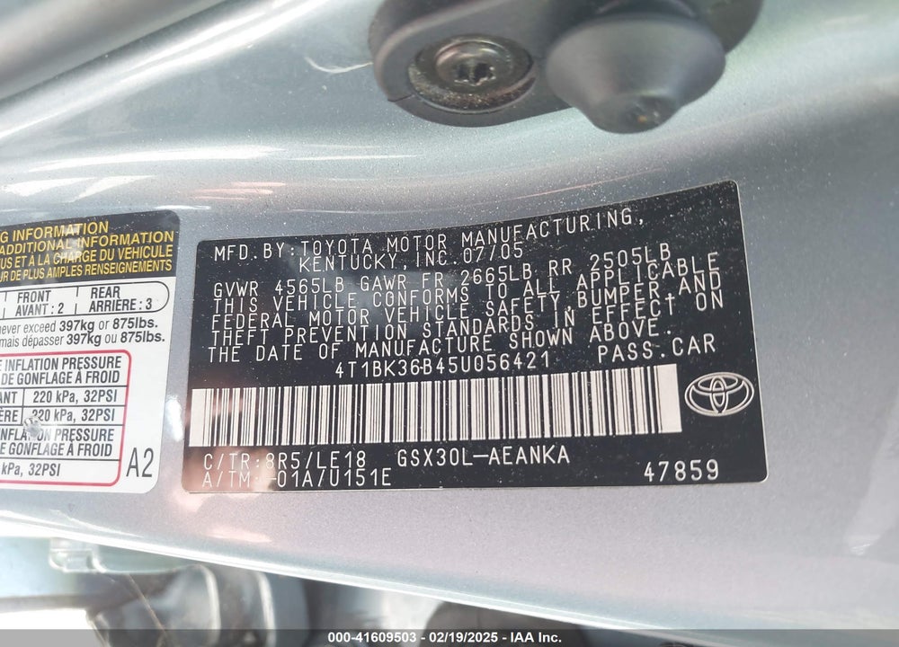 2005 TOYOTA AVALON TOURING VIN: 4T1BK36B45U056421