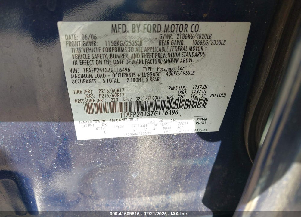 2007 FORD FIVE HUNDRED SEL VIN: 1FAFP24137G116496