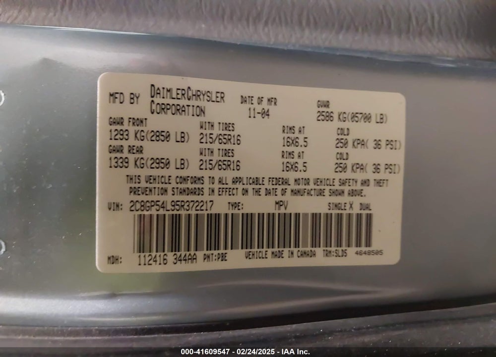 2005 CHRYSLER TOWN & COUNTRY TOURING VIN: 2C8GP54L95R372217