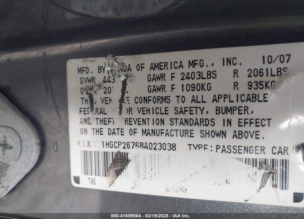 2008 HONDA ACCORD 2.4 EX VIN: 1HGCP26768A023038