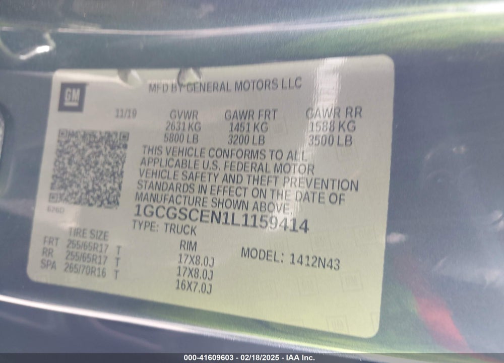 2020 CHEVROLET COLORADO VIN: 1GCGSCEN1L1159414