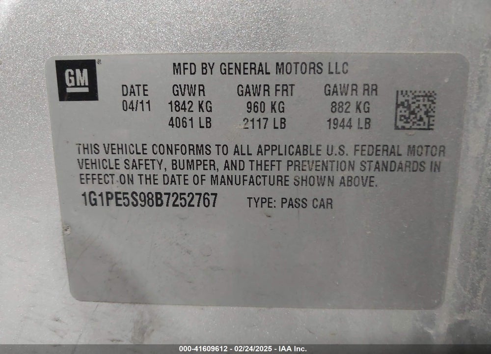 2011 CHEVROLET CRUZE LT VIN: 1G1PE5S98B7252767