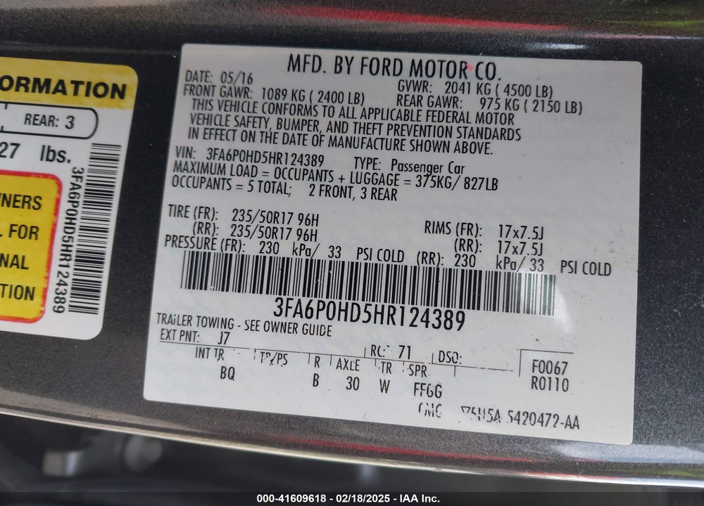 2017 FORD FUSION VIN: 3FA6P0HD5HR124389