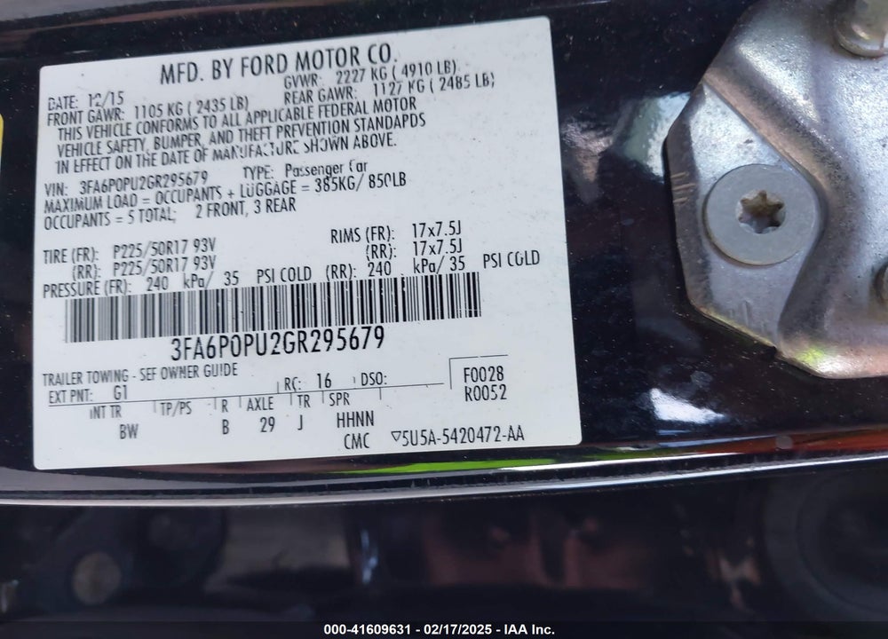 2016 FORD FUSION ENERGI VIN: 3FA6P0PU2GR295679