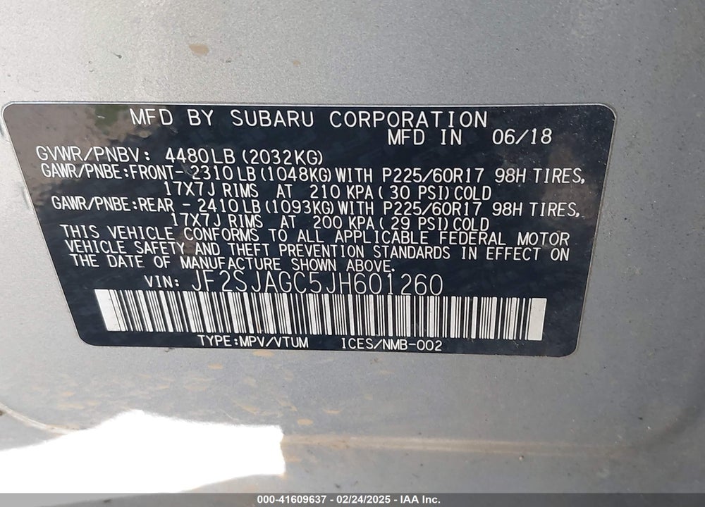 2018 SUBARU FORESTER 2.5I PREMIUM VIN: JF2SJAGC5JH601260