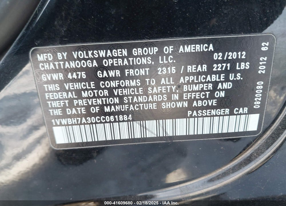 2012 VOLKSWAGEN PASSAT 2.5L SE VIN: 1VWBH7A30CC061884