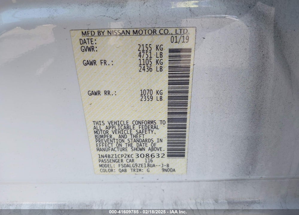 2019 NISSAN LEAF VIN: 1N4BZ1CP2KC308632