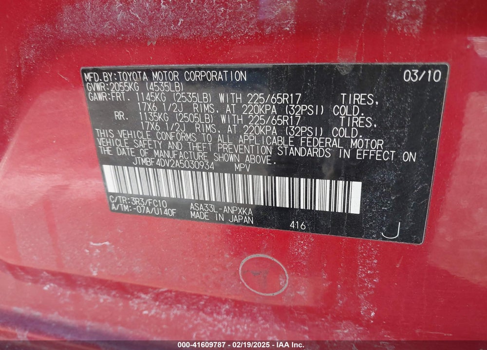 2010 TOYOTA RAV4 VIN: JTMBF4DV2A5030934