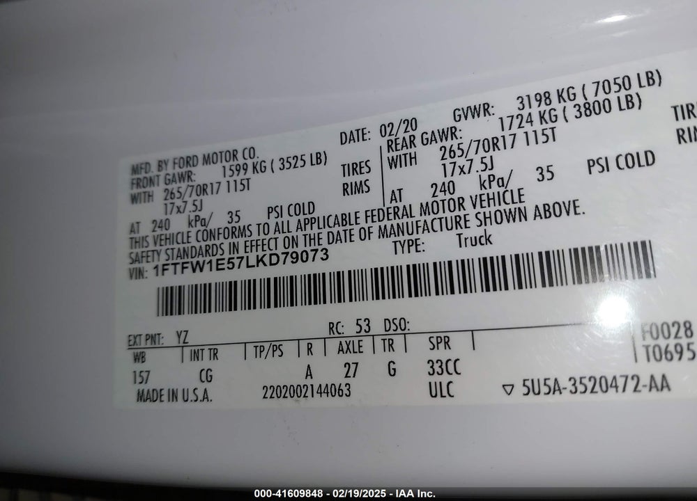 2020 FORD F150 VIN: 1FTFW1E57LKD79073