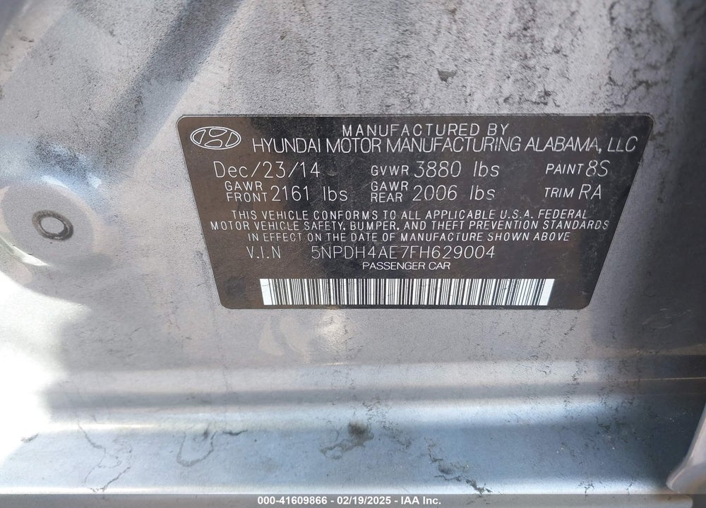 2015 HYUNDAI ELANTRA VIN: 5NPDH4AE7FH629004