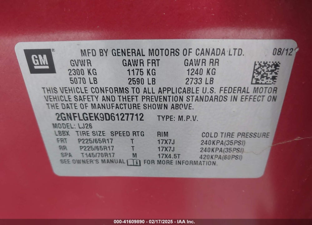 2013 CHEVROLET EQUINOX LTZ VIN: 2GNFLGEK9D6127712