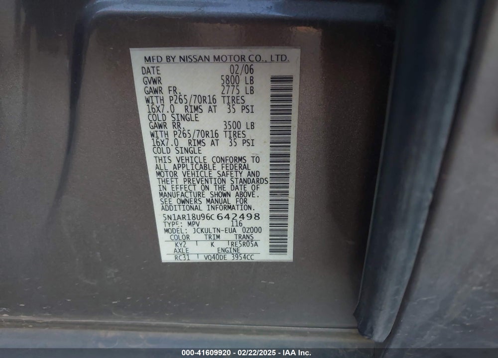 2006 NISSAN PATHFINDER SE VIN: 5N1AR18U96C642498