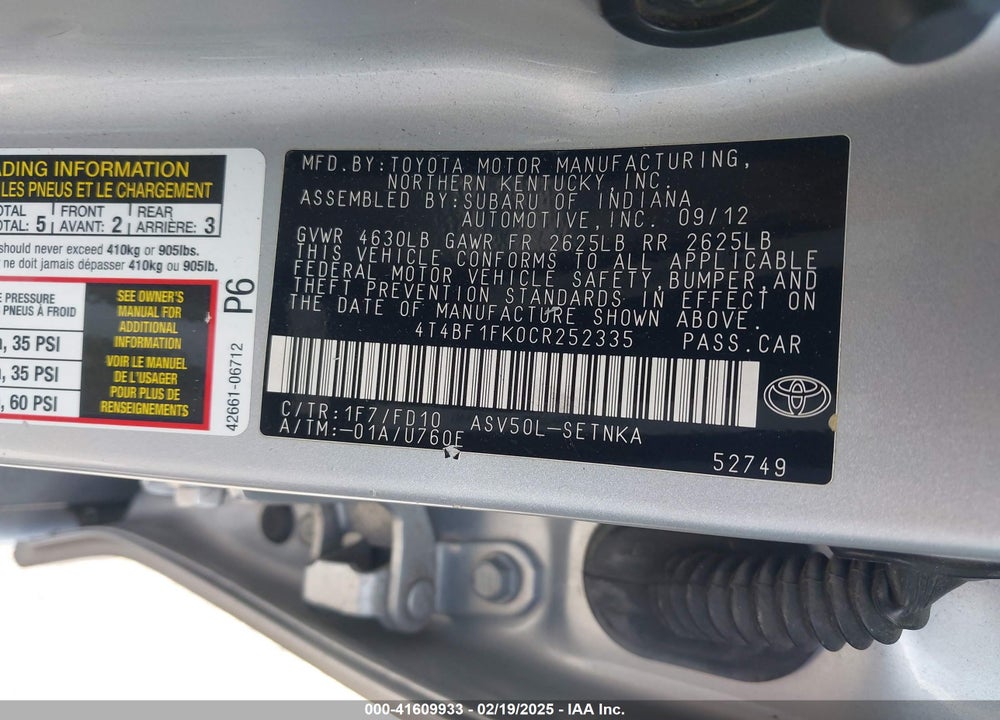 2012 TOYOTA CAMRY VIN: 4T4BF1FK0CR252335