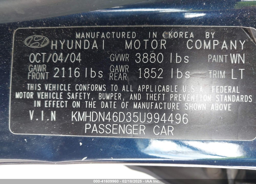 2005 HYUNDAI ELANTRA GLS/GT VIN: KMHDN46D35U994496